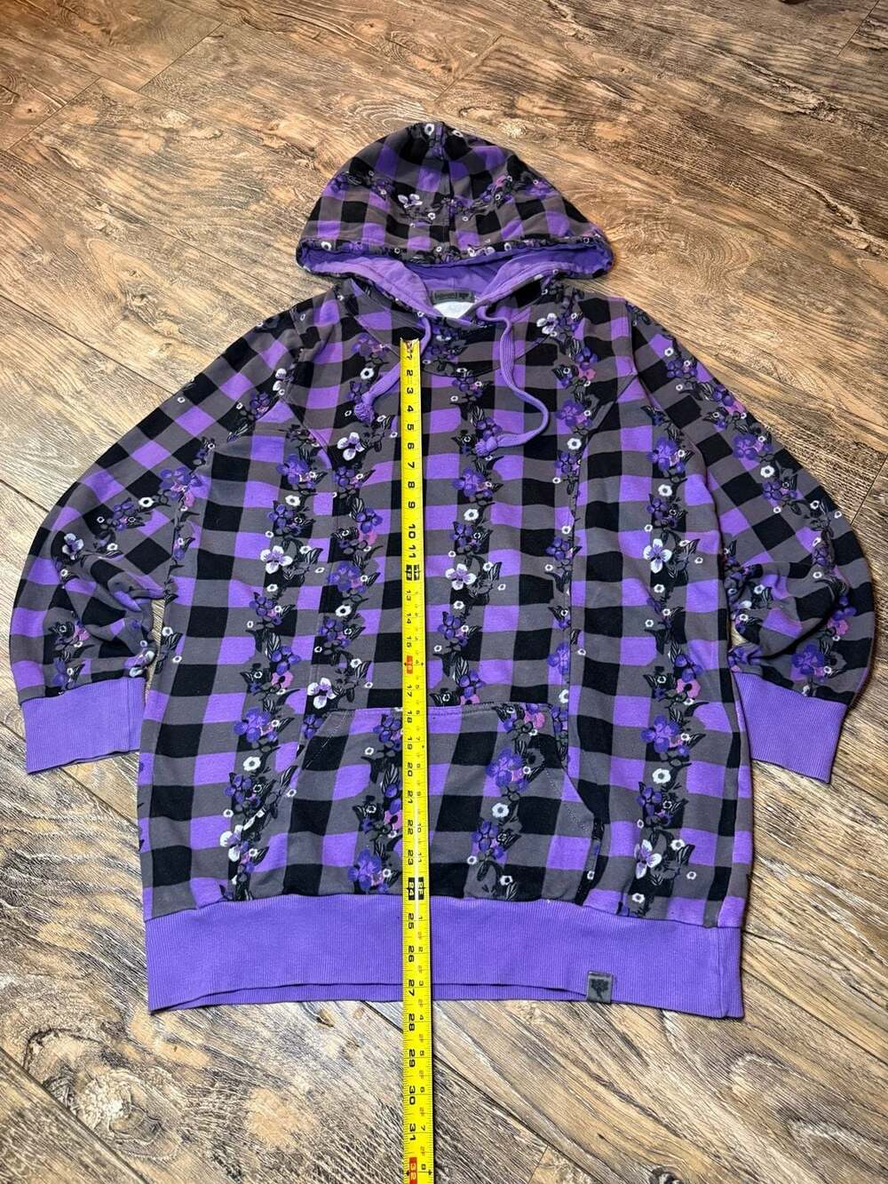 Nümph Purple and Black Plaid Floral Print Pullover Hoodie